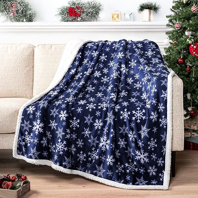 PAVILIA Premium Christmas Sherpa Throw Blanket | Blue Snowflake Decoration, Fleece, Plush, Warm, Cozy Reversible Microfiber Holiday Blanket 50 x 60 Inches