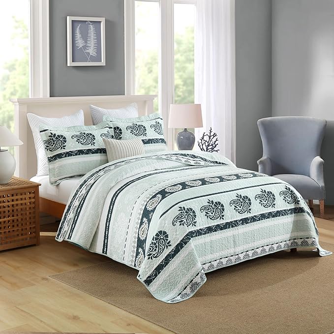 Green Queen Comforter Set, Cotton Quilt, Green Bedding Comforter Sets, Striped Pattern Queen Bedspread, Lightweight Reversible Coverlet All Season