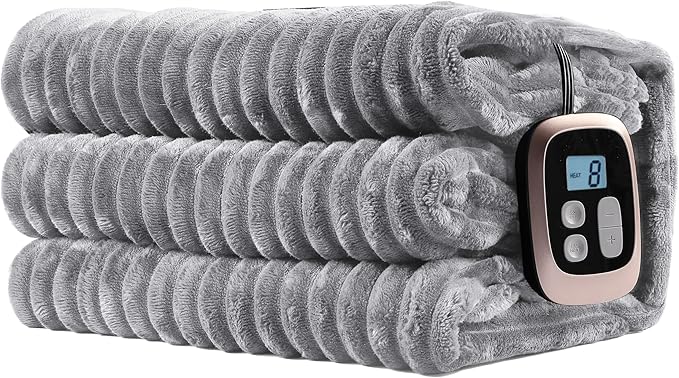Electric Heated Blanket Full-Size 72x84 Inch - Ultra Soft Silky Flannel with Ribbed Texture, 10 Heating Levels and 12 Hours Auto-Off Feature - Grey