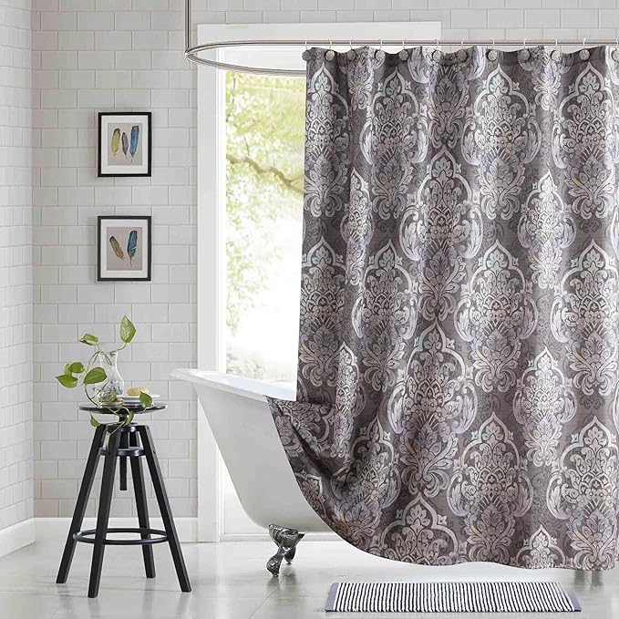 Long Gray Shower Curtain with Purple Baroque Medallions, Waterproof Hotel Quality Bath Curtain, 72" W x 78" H