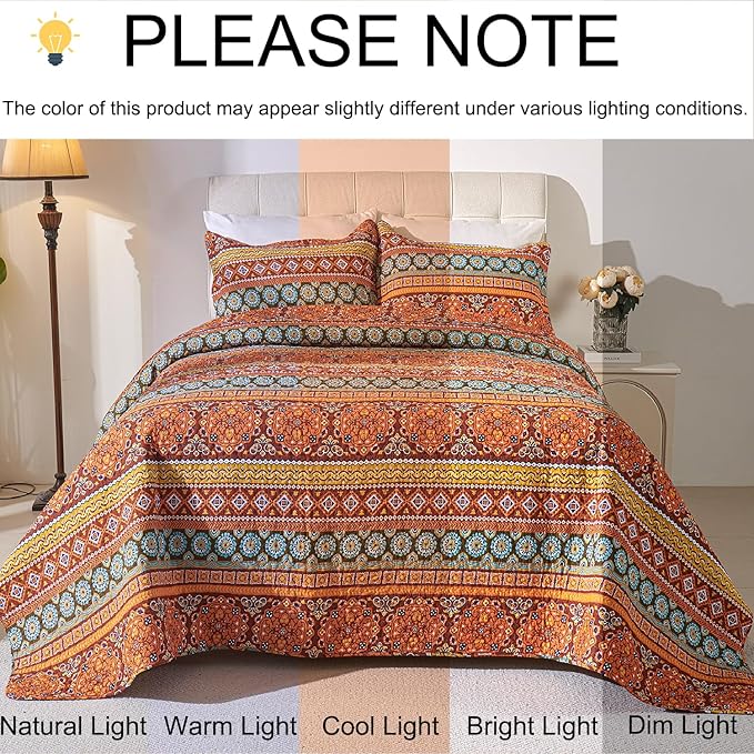 Cmfshape Orange Quilt Sets Bedspread Set 100% Cotton Boho Bedding Set, All Season Use Lightweight Reversible Coverlet Quilts with 2 Pillow Shams(Queen 92"x96")