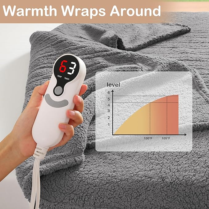 Electric Heated Blanket 6 Heating Settings & 1-10H Auto Off Twin 62×84 Double Sided Plush Sherpa Ultra-Soft Warm Thick, Machine Washable, Fast Heating, Home Office Light Gray