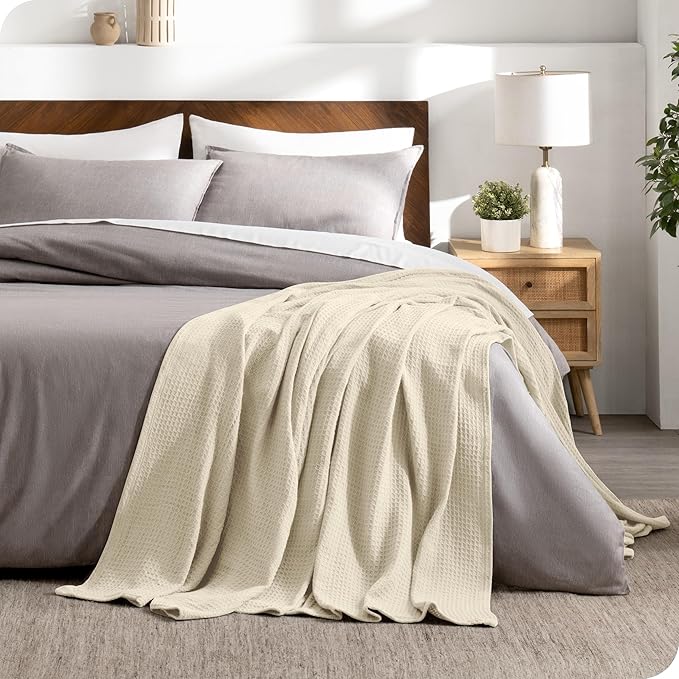 Bare Home Oyster Waffle Blanket, Extra Long 66Wx90L, 100% Cotton, Soft & Breathable Throw for All Seasons, Lightweight Blanket, Perfect for Layering Bed, Sofa & Couch (Twin/Twin XL, Oyster)