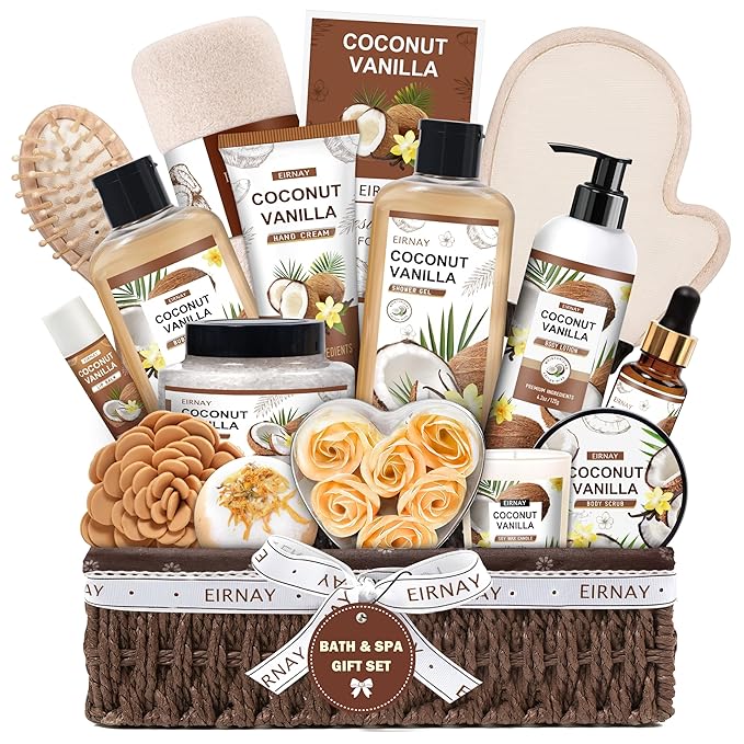 Christmas Gifts For Women - 16 PCS Gift Basket for Women Set of Coconut Vanilla Self Pampering Set, Includes Luxurious Home Spa Shower Gel Bubble Bath