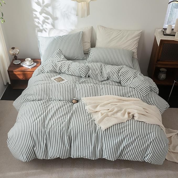 FOSSA Striped Duvet Cover Set 100% Washed Cotton Linen Feel Super Soft Breathable Cozy 3 Pieces Bedding Sets Heathered Green Classic Stripes King