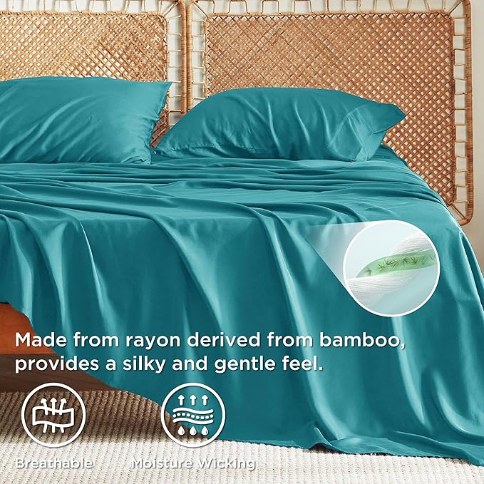 Bedsure California King Sheet Sets, Cooling Sheets, Rayon Derived from Bamboo, Breathable & Soft, Deep Pocket Up to 16 Inches, Hotel Luxury Silky Bedding for Hot Sleepers, Turquoise