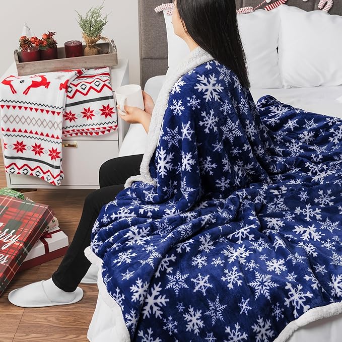 PAVILIA Premium Christmas Sherpa Throw Blanket | Blue Snowflake Decoration, Fleece, Plush, Warm, Cozy Reversible Microfiber Holiday Blanket 50 x 60 Inches