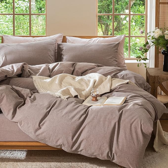MooMee Bedding Duvet Cover Set 100% Washed Cotton Linen Like Textured Breathable Durable Soft Comfy (Heathered Mauve Brown, Super King 108"x98")