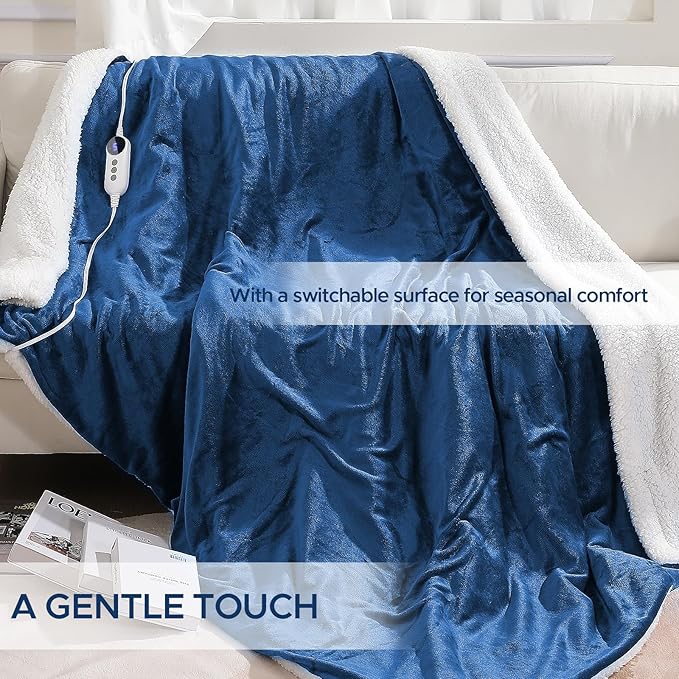 Heated Blanket 72"x84" Full Size, Dual-Sided with Soft Flannel & Sherpa Fabric, Electric Blanket with 9 Heating Levels & 2-10 Hours Auto Off, Machine Washable, Blue