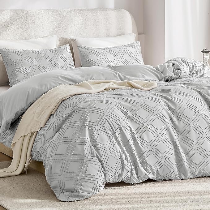 JELLYMONI Duvet Cover Twin Size Light Grey - 3PCS Boho Duvet Cover Set Plaid Polyester Tufted Bohemian Jacquard Knit Textured Comforter Cover 68×90in Rhombic Geometric Pattern Corner Ties & Zipper