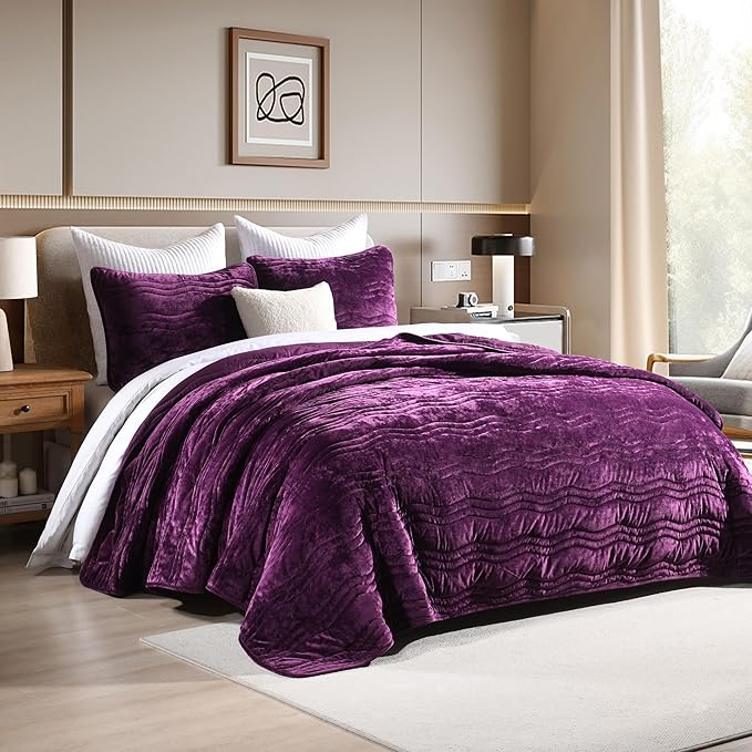 Velvet Quilt, Purple Bedding Comforter Sets, Luxury Plush Queen Comforter Set,Soft Plush Queen Bedspread, Machine Washable Coverlet, All-Season 3 Pieces