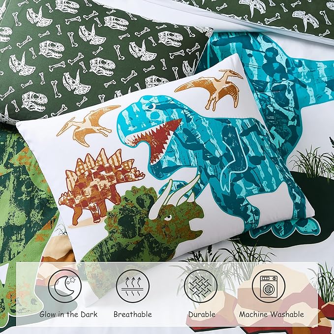Twin Comforter Set for Boys-5 Pieces Dinosaur Glow in The Dark Twin Bedding Sets for Kids, Ultra Soft Bed in A Bag with Sheets