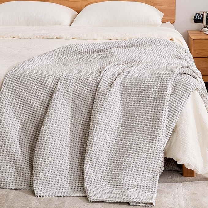 EGOHOME 100% Cotton Queen Size Blankets for Bed,Soft Jacquard Waffle Weave Blanket,Lightweight and Breathable Unique Dual-Tone Texture Cotton Blanket for All Seasons-Sleet Grey,90 x 90 Inches