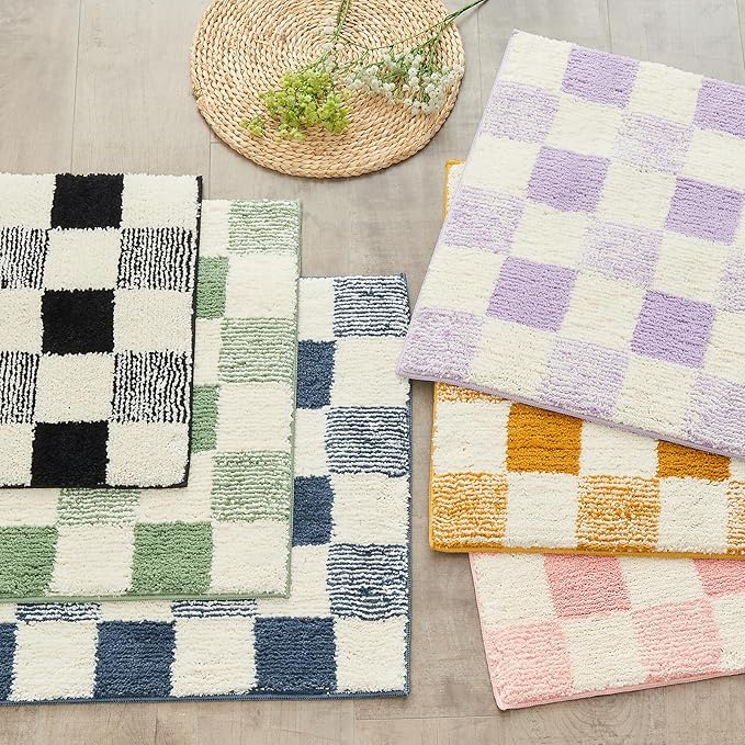 CozeCube Bath mats for Bathroom Non Slip, Fluffy Absorbent Microfiber Bath mat Washable, Aesthetic Bathroom Rugs, Long Sage Green Checkered Bath mat, Sage Green, 47" x 24"