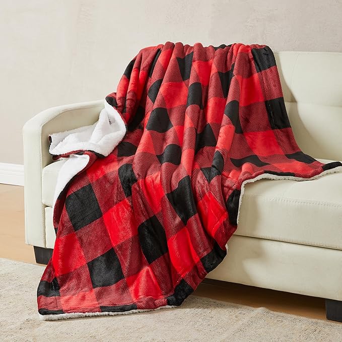Fleece/Sherpa Throw Blanket - Super Soft Printed Blanket for Couch, Chair, or Bed - Cozy, Luxurious Plush Throw Blanket - Throw 50" x 60", Red/Black Buff Check
