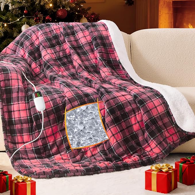 Pink Heated Weighted Blanket for Adults Queen Size 15Lbs 60"x80", 2-in-1 Electric Heating Pad Lap Heavy Blanket for 140-160lbs for Couch Bed, 10 Level 1-8H Auto Off, Birthday Gifts for Women Mom Girls