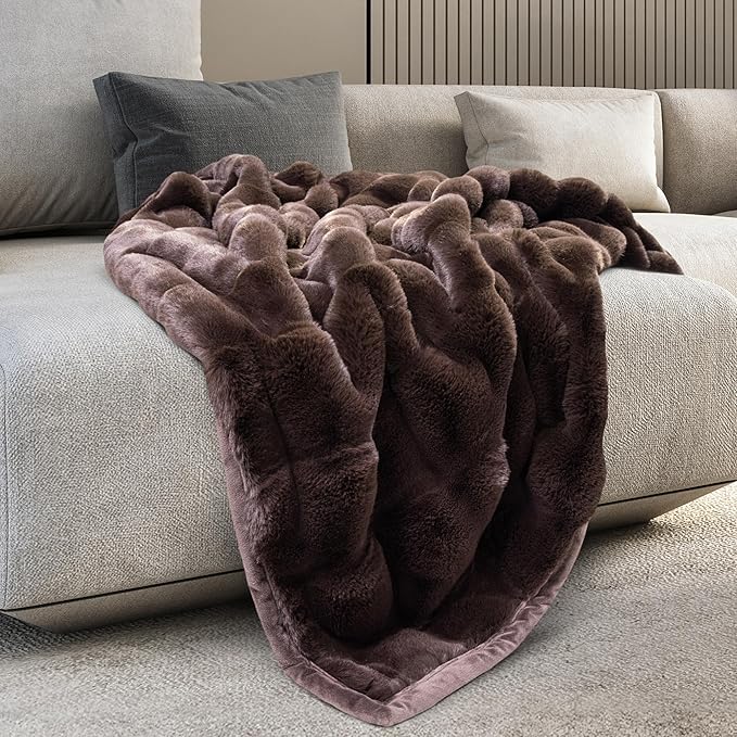 Mon Chateau 60" x 70" Hearthside Faux Fur Throw Blanket, Reversible Soft Blanket for Queen-Size Bed, Couch, or Sofa, Cozy Home Decor and Stylish Living Room Comfort, Chestnut