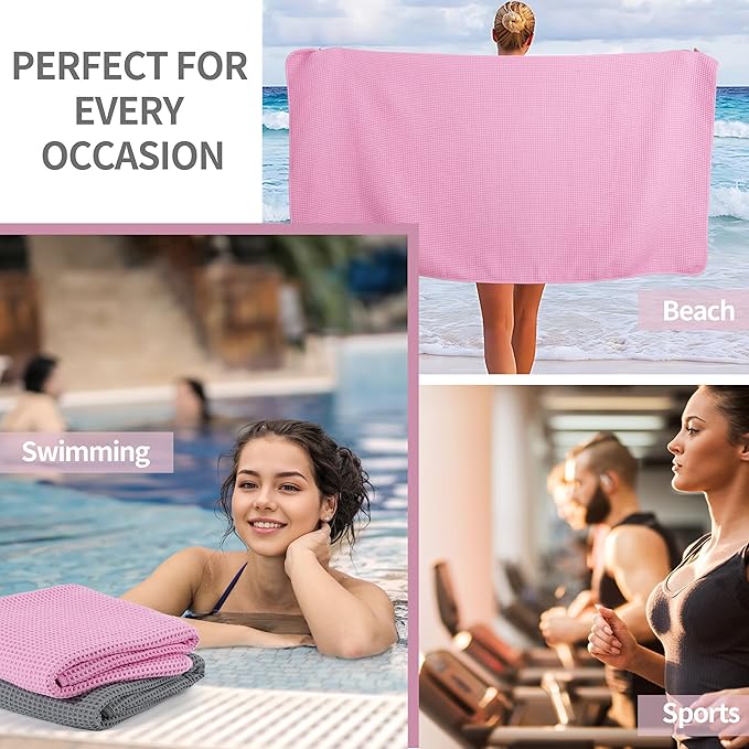 New Microfiber Waffle Bath Towels, 2 Pieces, Oversized, Soft, Absorbent, Fast Drying, Lint Free (Gray+Pink)