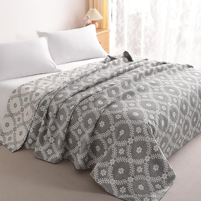 NTBAY 3 Layers Cotton Muslin 106x92 King Bed Blanket, Super Soft Breathable Thermal Yarn Dyed Quilt for Adults, Perfect Lightweight Blanket for Couch Sofa Bed All Seasons, Grey Garlands