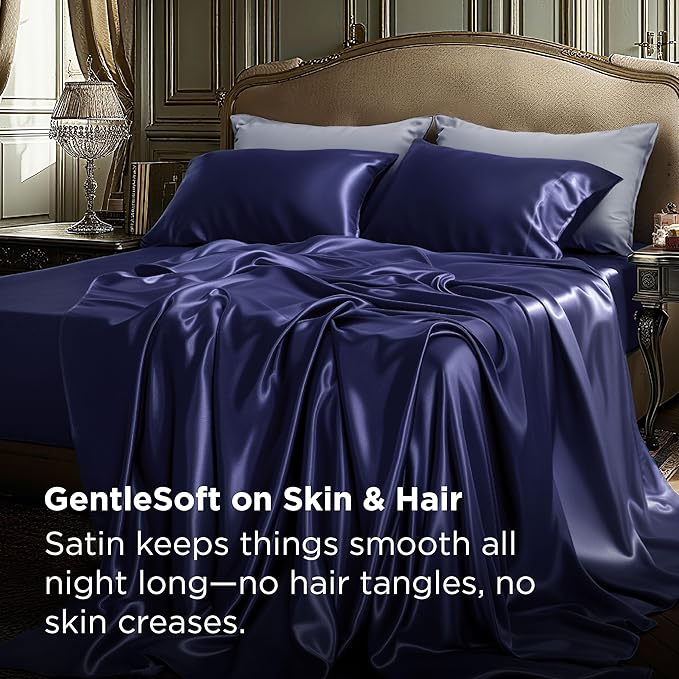 Bedsure Satin Sheets Queen Size - 4 Piece Silky Bedsheets with 15 Inches Deep Pocket Fitted Bedsheet,1 Flat Sheet, 2 Satin Pillowcases, Good for Hair & Skin (Queen, Navy)