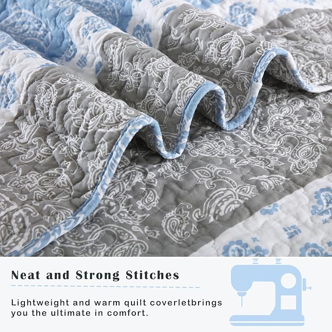 Quilt King Size, Cotton Bedding Set, Blue Striped King Size Comforter Set, Bohemian Bedspread with Shams for All Season, 3 Pieces