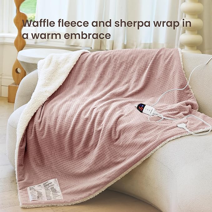 Heated Blanket Electric Blanket Twin Waffle, 62x84 Inches Sherpa Fleece Fast Heating Blanket 6 Heating Levels & 10 Hours Auto Off ETL Certification, Pink Twin