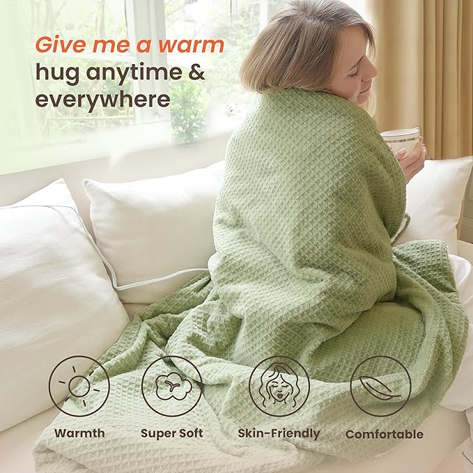 Heated Blanket Electric Blanket Twin Waffle, 62x84 Inches Sherpa Fleece Fast Heating Blanket 6 Heating Levels & 10 Hours Auto Off ETL Certification, Sage Twin