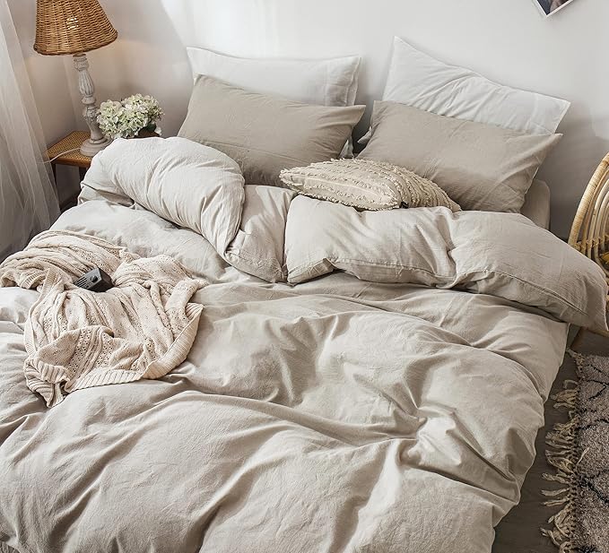 MooMee Bedding Duvet Cover Set 100% Washed Cotton Linen Like Textured Breathable Durable Soft Comfy (Heathered Tannish Linen Grey, Full 80"x90")