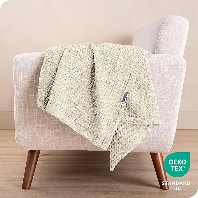 Bare Home Oyster Waffle Blanket, Extra Long 66Wx90L, 100% Cotton, Soft & Breathable Throw for All Seasons, Lightweight Blanket, Perfect for Layering Bed, Sofa & Couch (Twin/Twin XL, Oyster)