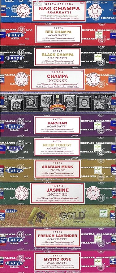 Satya Bangalore (BNG) Set of 12 Nag Champa, Red Champa, Black Champa, Champa, Super Hit, Darshan, Neem Forest, Arabian Musk, Jasmine, Gold, French Lavender, Mystic Rose Incense Sticks, VarietyPack06