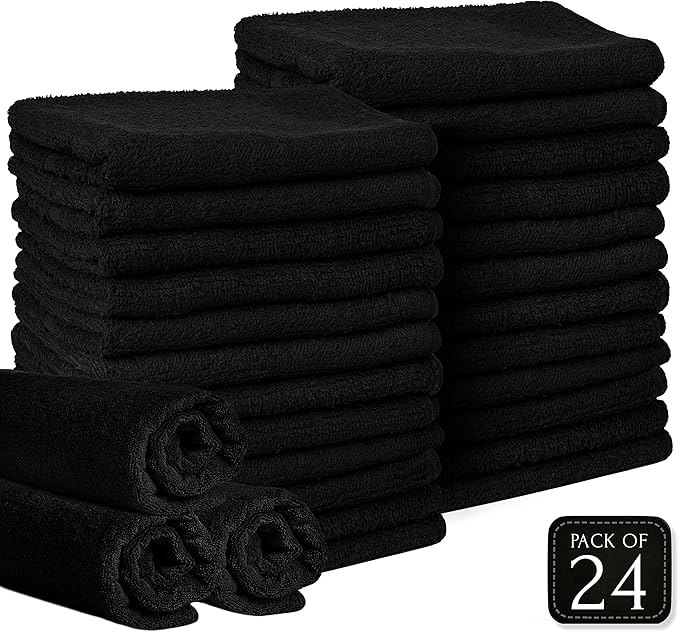 Barber Towels Black Salon Towels For Hair Stylist - Pack of 24, Not Bleach Proof, 16 by 27 Inches, Cosmetology Towel, Absorbent Cotton Hair Towel for Women, Men, Beauty, Spa and Home Hair Care