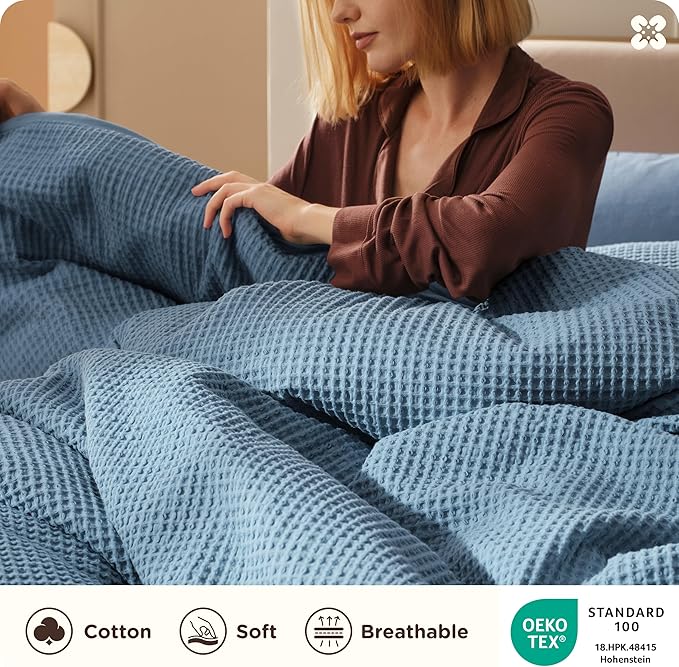 Bedsure Cotton Duvet Cover King - 100% Cotton Waffle Weave Grey Blue Duvet Cover King Size, GentleSoft™ and Breathable Bedding Set for All Season, 3 Pieces, 104"x90"