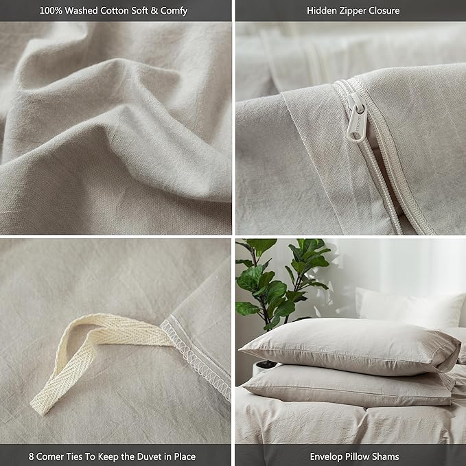MooMee Bedding Duvet Cover Set 100% Washed Cotton Linen Like Textured Breathable Durable Soft Comfy (Heathered Cream Grey, Palatial King/Oversized King 120"x98")
