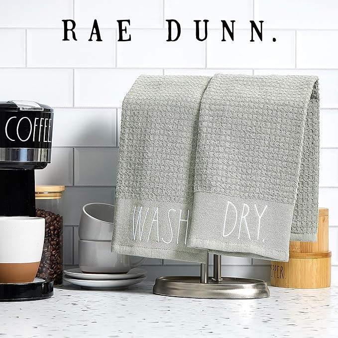 Rae Dunn Hand Towels, Embroidered Decorative Hand Towel for Kitchen and Bathroom, 100% Cotton, Sage- Wash/Dry, 16"x 26"