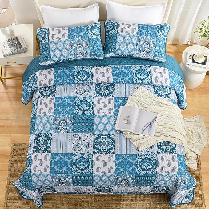 WONGS BEDDING Boho Quilt Set Queen Size,Teal Blue Plaid Patchwork Bedspread Bedding Set Soft Microfiber Quilt for Queen Bed Reversible 3 Pieces Coverlet Set for All Season (96"x90")