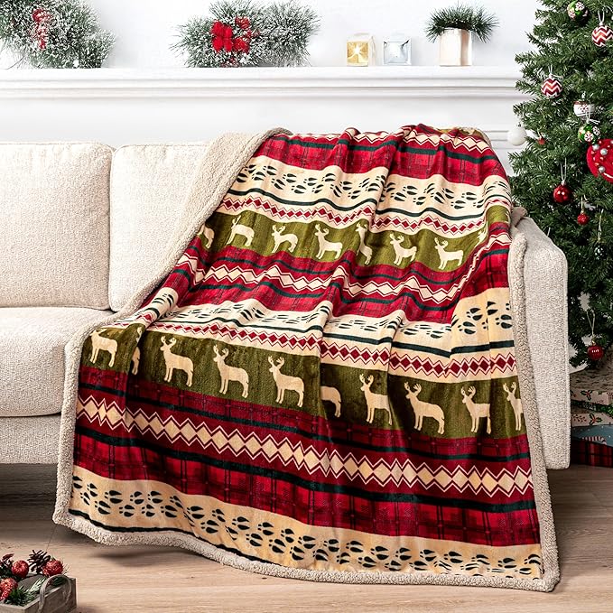 Pavilia Christmas Sherpa Blanket Throw Queen Bed - Red Flannel Fleece Christmas Decoration - Plush, Warm, Soft, Cozy Reversible Winter Holiday Blanket 90x90