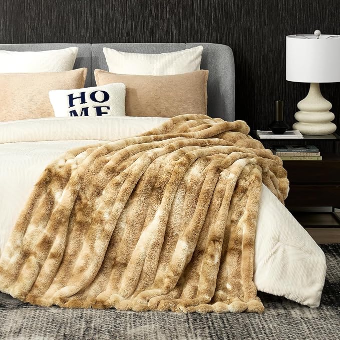 Cozy Bliss Faux Fur Throw Blanket for Couch, Fuzzy Soft Plush Thick Striped Blanket for Sofa Bedroom Living Room, 60 * 80 Inches Tie-dye Khaki