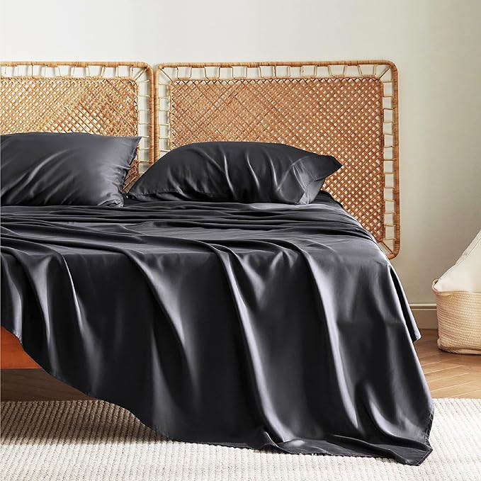 Bedsure California King Sheet Sets, Cooling Sheets for Hot Sleepers, Rayon Derived from Bamboo, Breathable & Soft, Deep Pocket Up to 16 Inches, Hotel Luxury Silky Bedding, Black
