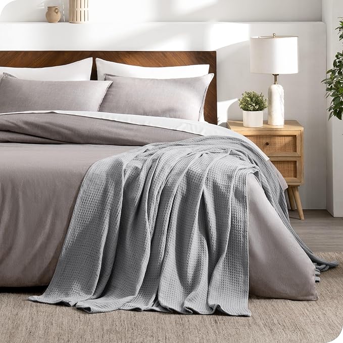 Bare Home Light Grey Waffle Blanket, 108Wx90L, 100% Cotton, Soft & Breathable Throw for All Seasons, Lightweight Blanket, Perfect for Layering Bed, Sofa & Couch (King/Cal King, Light Grey)
