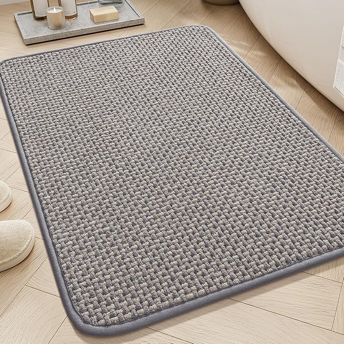 AMOAMI Chenille Bath Mat Super Absorbent Bathroom Mat Quick Dry Bath Mats for Bathroom Rubber Backed Bathroom Rugs Non Slip Washable Fit Under Door, Front of Bathtub, Sink, LIGHTGREY&Beige 17"x24"
