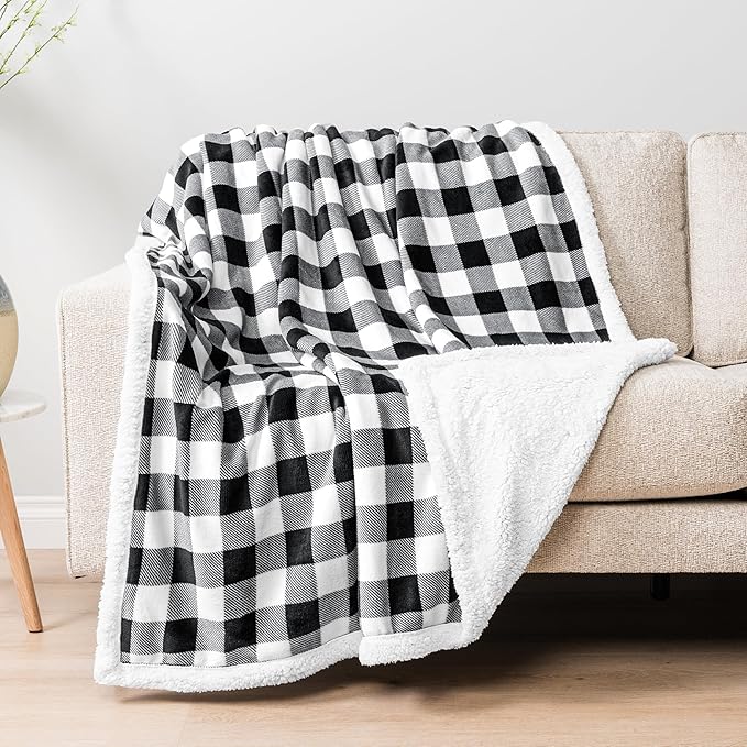 PAVILIA Black and White Buffalo Plaid Sherpa Throw Blanket for Couch, Plush Checkered Fleece Blanket and Throws, Soft Fuzzy Flannel Blanket for Sofa Bed, Warm Cozy Winter Blanket Gift, 50x60