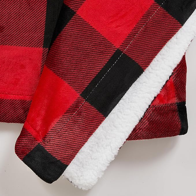 Fleece/Sherpa Throw Blanket - Super Soft Printed Blanket for Couch, Chair, or Bed - Cozy, Luxurious Plush Throw Blanket - Throw 50" x 60", Red/Black Buff Check
