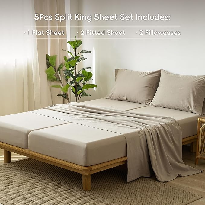 MooMee Bedding Sheet Set 100% Washed Cotton Linen Like Textured Breathable Durable Soft Comfy (Solid Mocha Brown, Split King)