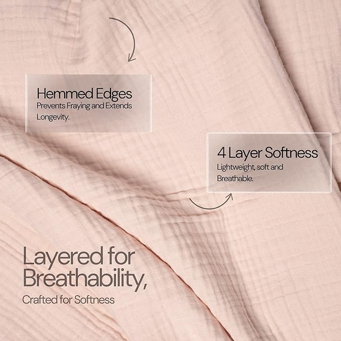 Salt Earth 100% Cotton Muslin Blanket, Gauze Blanket 80"X90" Queen, 4 Layered for Couch, Bed, Living Room,Lightweight & All Seasons Blankets & Throws, Easy to wash,Nature & Skin Friendly (Rose Dust)
