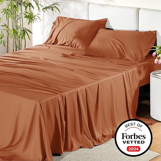 Bedsure California King Sheet Sets, Cooling Sheets, Rayon Derived from Bamboo, Breathable & Soft, Deep Pocket Up to 16 Inches, Hotel Luxury Silky Bedding for Hot Sleepers, Burnt Orange