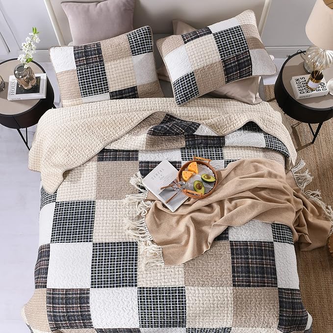 KALOOLA Patchwork Queen Quilt, 100% Cotton Lightweight Bedspreads Queen Size 3 Pieces, Tan Brown Beige Queen Quilt Bedding Set, Farmhouse Rustic Coverlet for All Season
