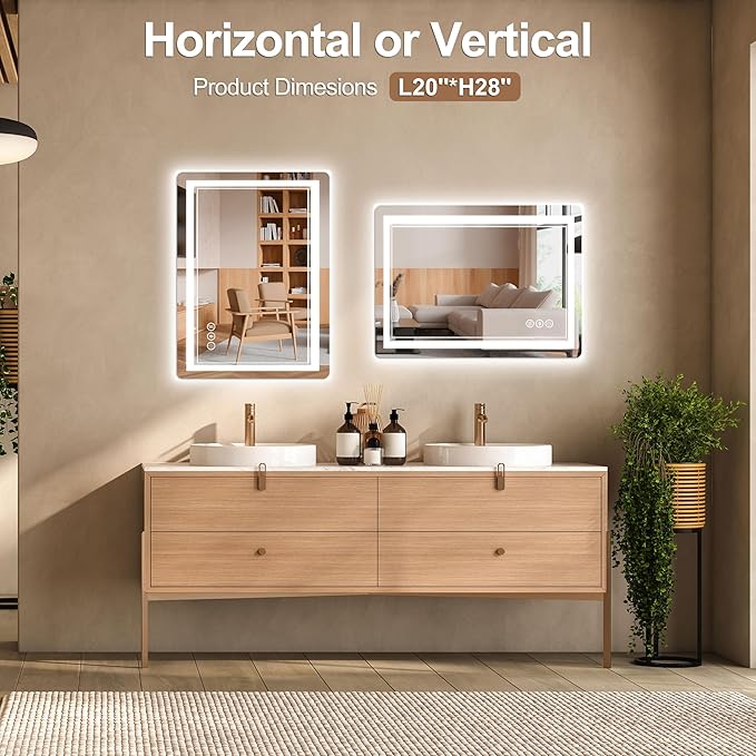20x 28 LED Bathroom Mirror with Lights, Anti-Fog, Dimmable, Backlit + Front Lit, Memory Function, Lighted Bathroom Vanity Mirror for Wall(Horizontal/Vertical).