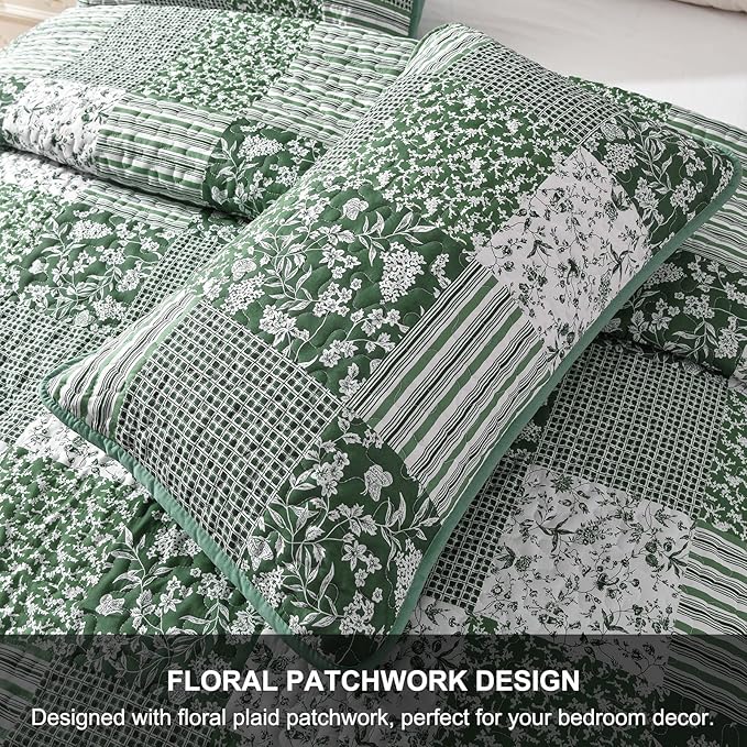 Mybedsoul Green Boho Queen Quilt Set, 3-Piece Reversible Soft Plaid Floral Bedding Set with 2 Pillow Shams - Sage Green Queen Size Quilt Bedspread Coverlet Set 90” x 96”