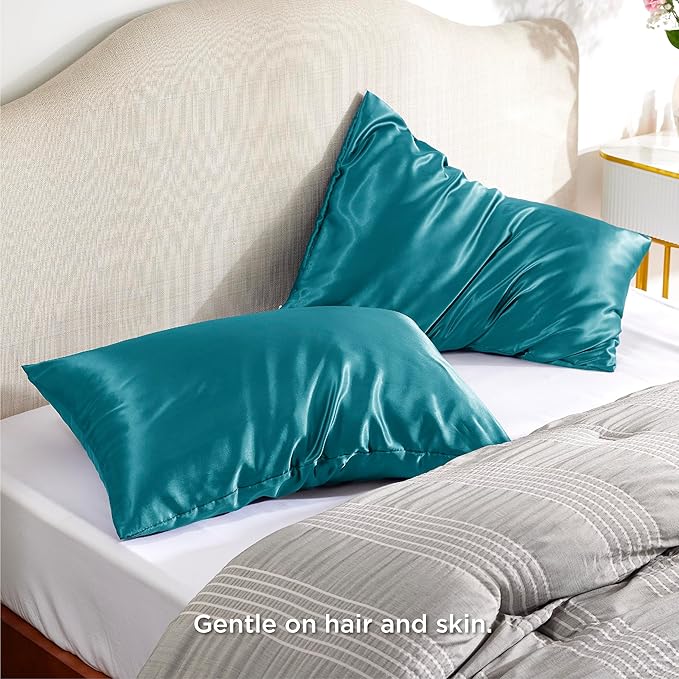 Bedsure Satin Pillowcase with Zipper, Similar to Silk Pillow Cases 2 Pack, Satin King Size Pillow Cases Set of 2, Silky & Soft Pillow Cover for Hair and Skin, Gifts for Women Men, Teal, 20x36 Inches