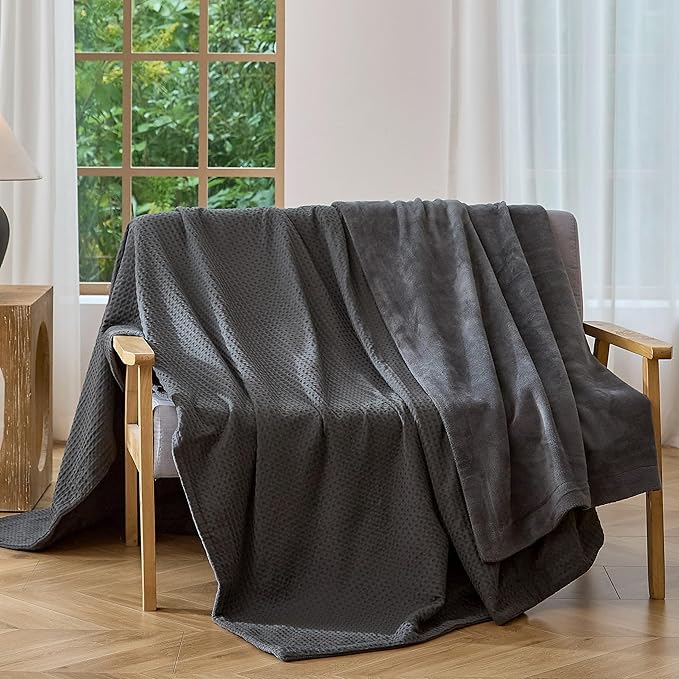 CHUFFED Cotton Waffle Blanket Queen Size - Plush Milk Velvet & Reversible Waffle Weave,Anti-Static 300Gsm Design，Thick Cozy Soft Winter Blanket for Bed, Couch, Sofa - Dark Grey, 90x90 Inches